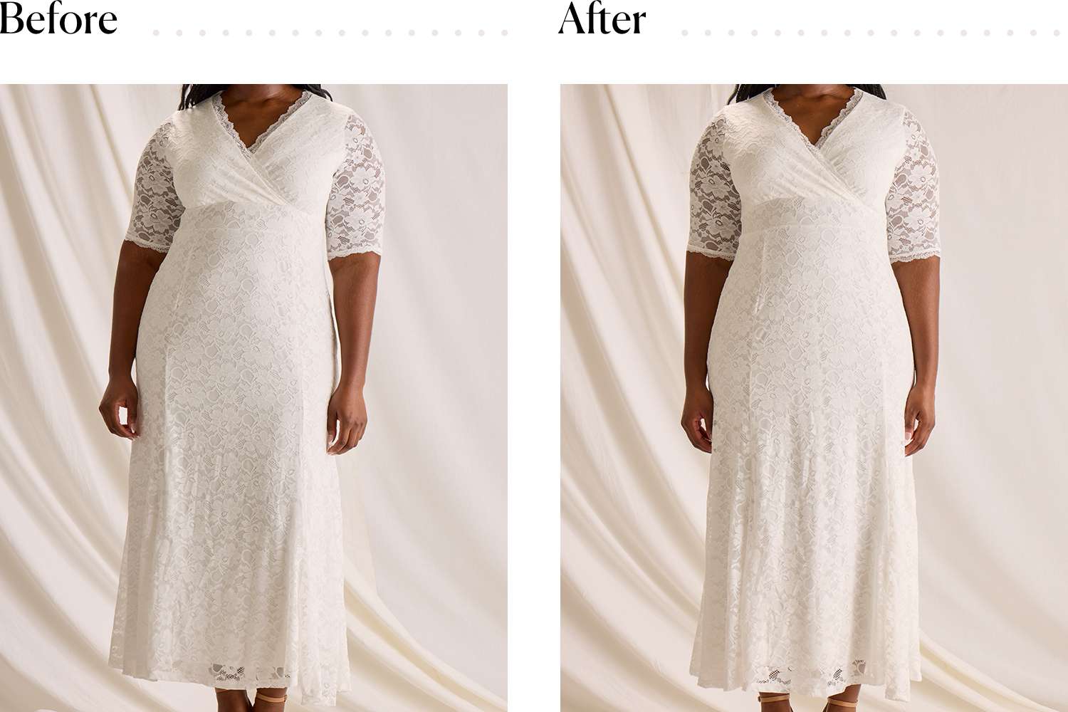 A woman wearing a wedding dress before and after putting on the SKIMS Core Control Thong underneath