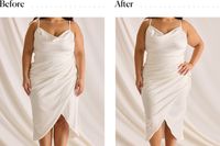 A woman wearing a wedding dress before and after putting on the SKIMS Core Control Thong