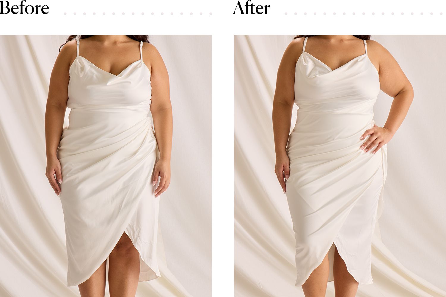 A woman wearing a wedding dress before and after putting on the SKIMS Core Control Thong