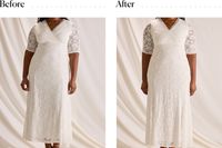 A woman wearing a wedding dress before and after putting on the SKIMS 'Fits Everybody' Sculpting Bodysuit