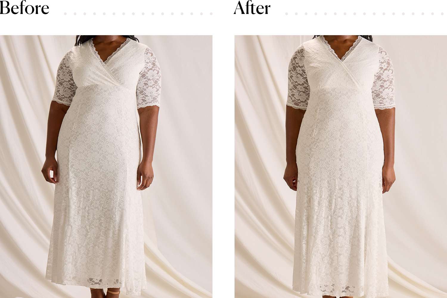 A woman wearing a wedding dress before and after putting on the SKIMS 'Fits Everybody' Sculpting Bodysuit