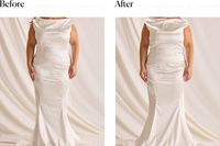 A woman wearing a wedding dress before and after putting on the SKIMS 'Fits Everybody' Sculpting Bodysuit underneath
