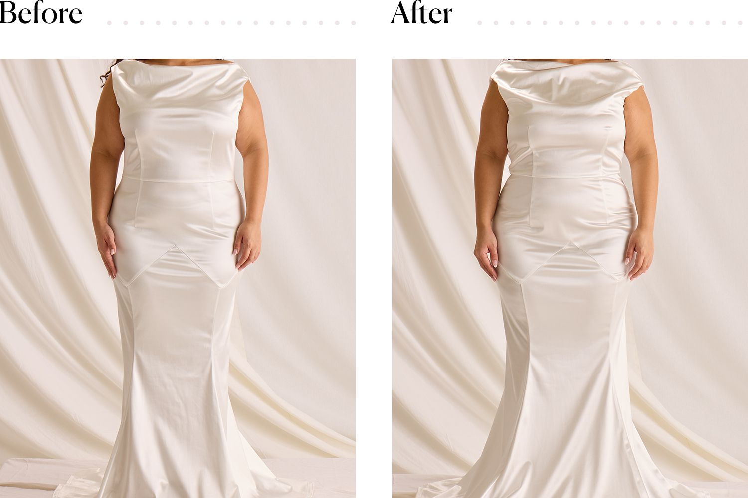 A woman wearing a wedding dress before and after putting on the SKIMS 'Fits Everybody' Sculpting Bodysuit underneath