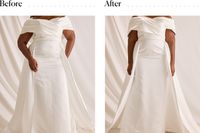 Before and after wearing the Skims Solution Short Left Leg Exposed under a bridal gown