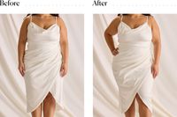 Before and after wearing the Skims Solution Short Left Leg Exposed under a slip dress