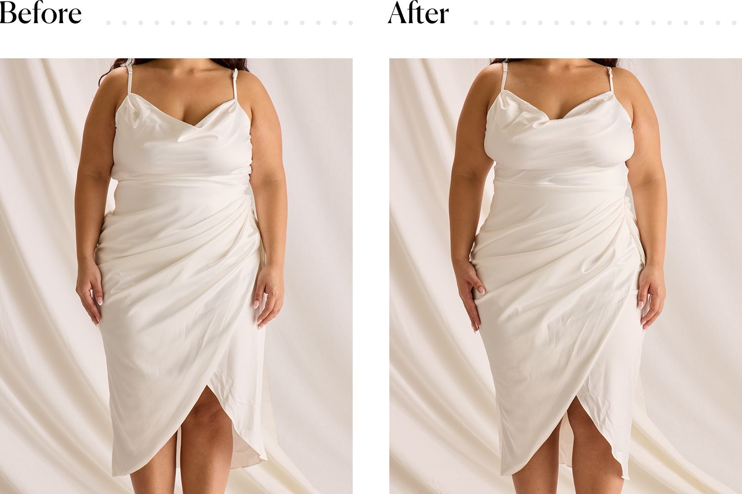 A woman wearing a wedding dress before and after putting on the SPANXsculpt TotalContour High-Waisted Mid-Thigh Short