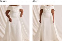 A woman wearing a wedding dress before and after putting on the SPANXsculpt TotalContour High-Waisted Mid-Thigh Short