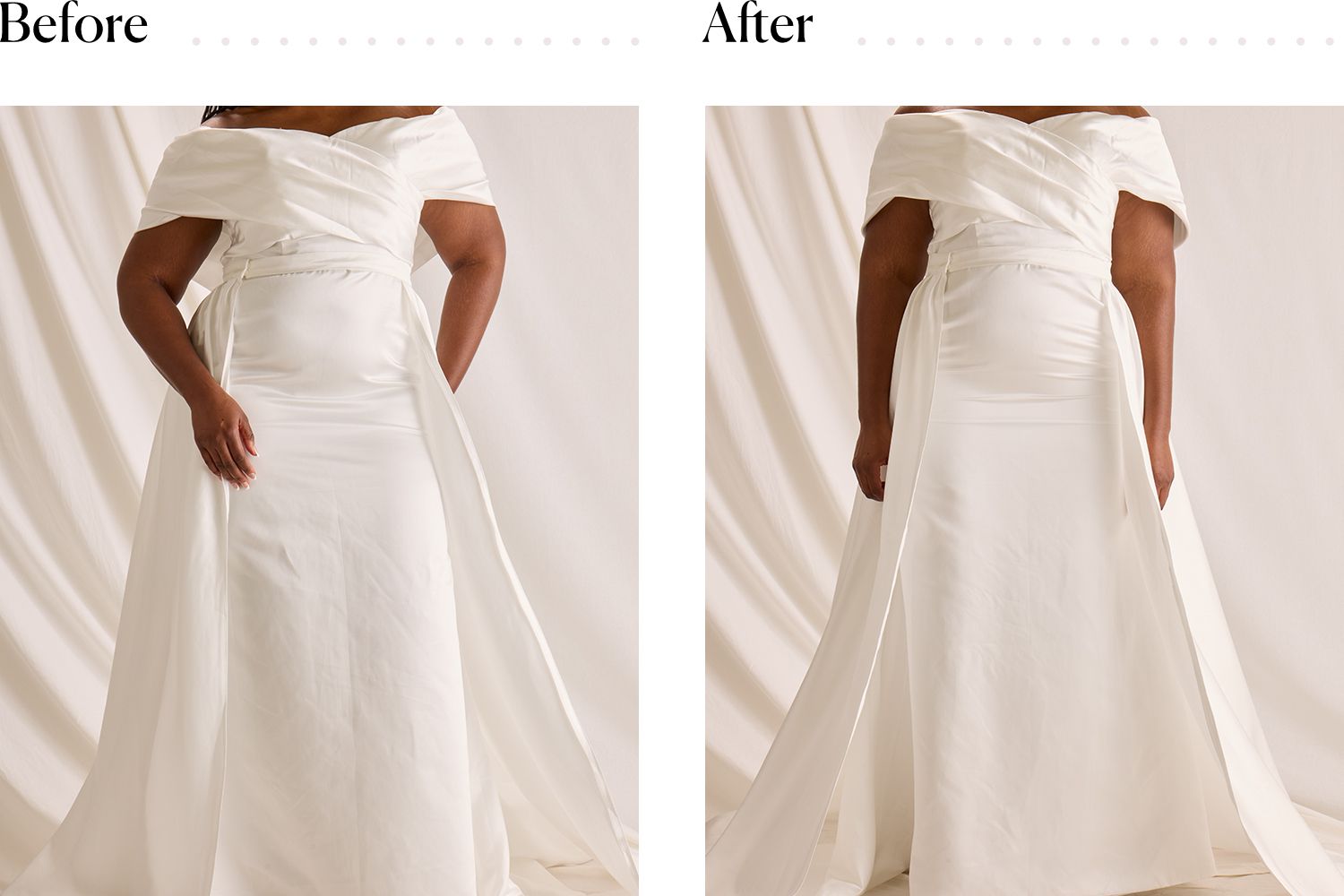 A woman wearing a wedding dress before and after putting on the SPANXsculpt TotalContour High-Waisted Mid-Thigh Short