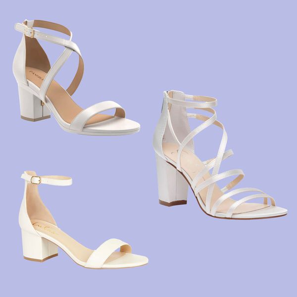 Various bridal block heels for dancing on a purple background