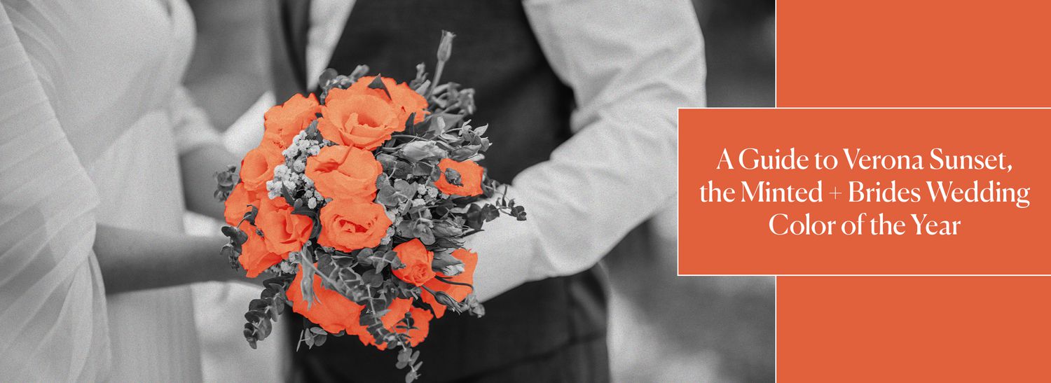 Black and White Image of Bride in Wedding Dress and Groom in Suit Holding Flower Bouquet With Pops of Verona Sunset Color