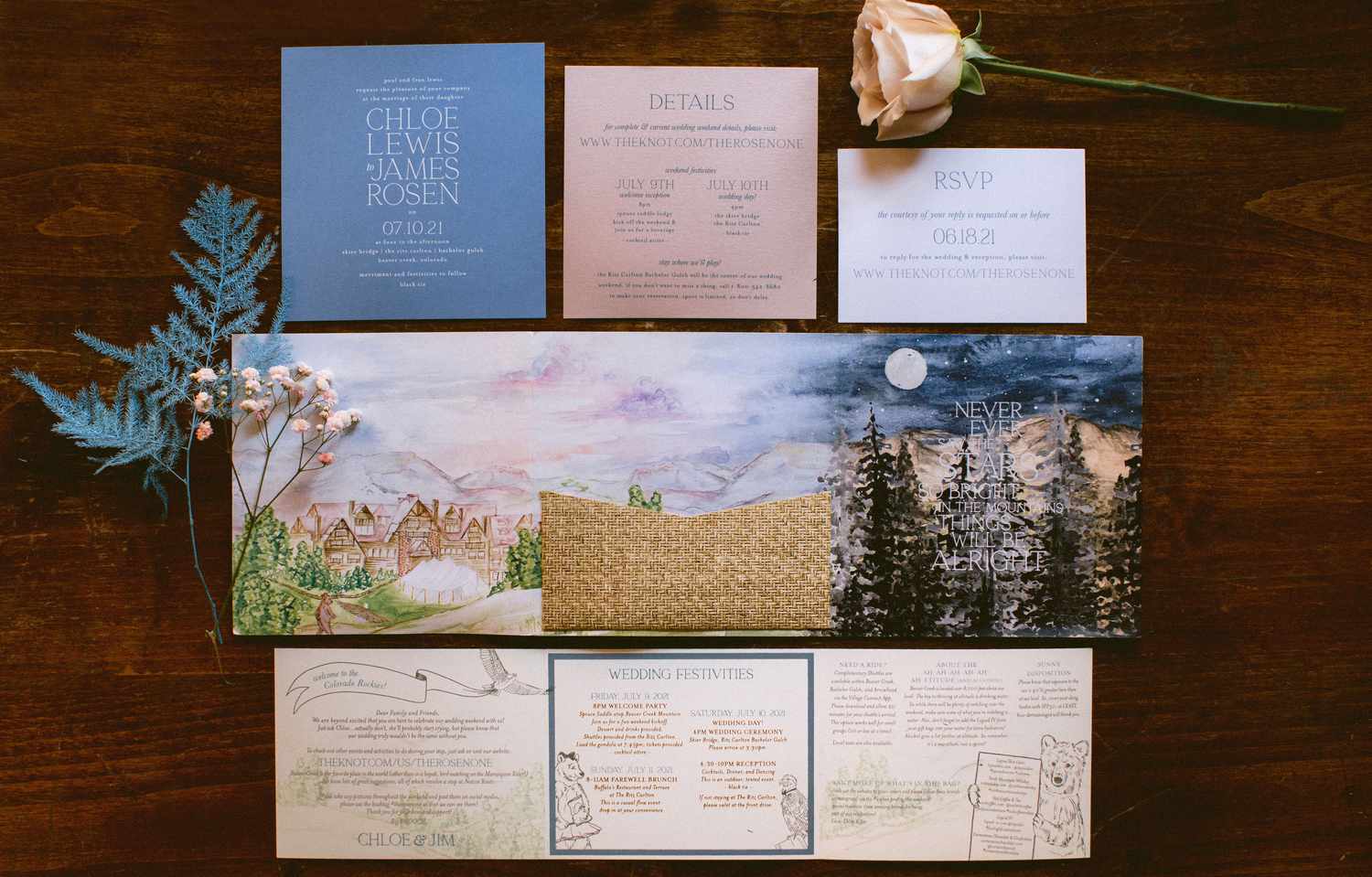 Chloe and Jim's stationery suite with an illustration of their venue, a quote from their favorite song, and a bear and bald eagle drawing