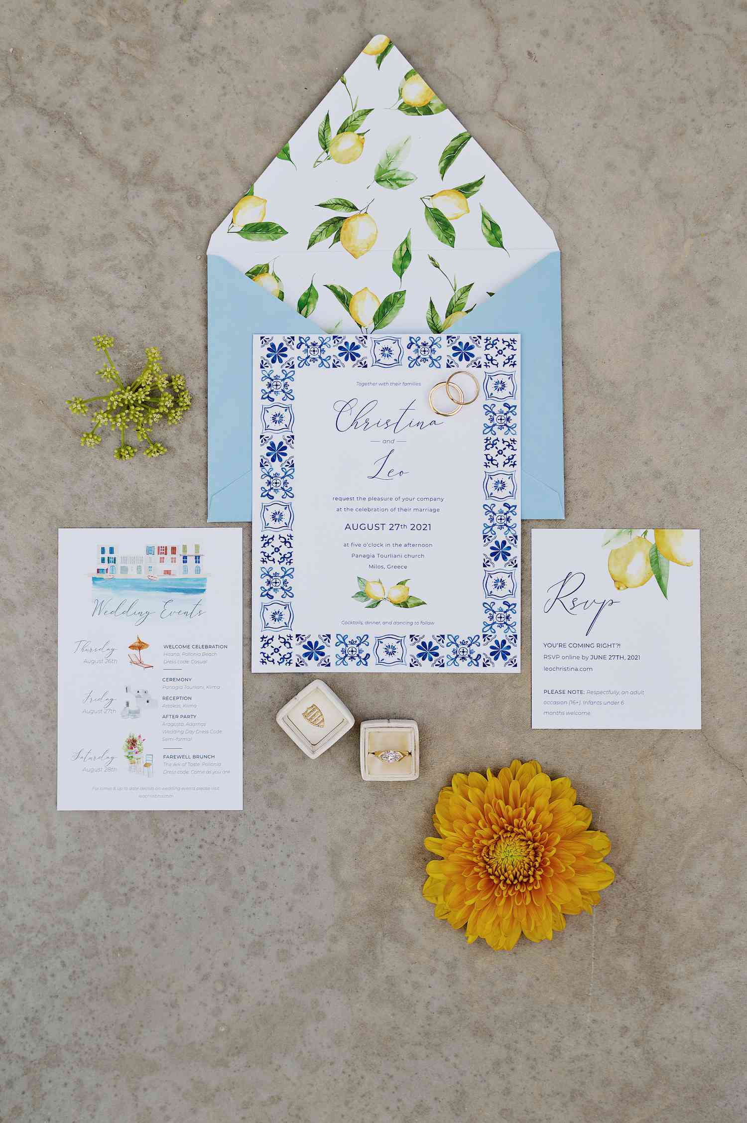 Christina and Leo's invitations with citrus accents and Greek touches
