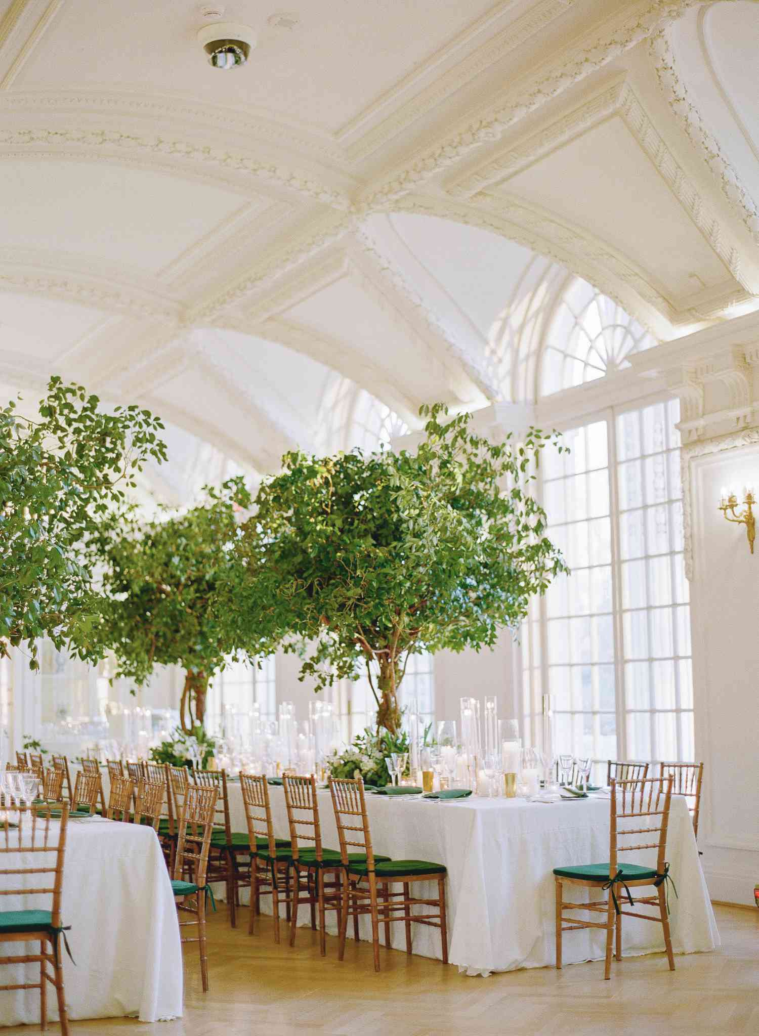 large green tree centerpieces and votive candles in an all white venue with floor to ceiling windows