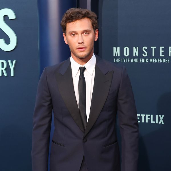 Cooper Koch Scowling in Navy Tuxedo Jacket With Black Lapels for Netflix Monsters Premiere