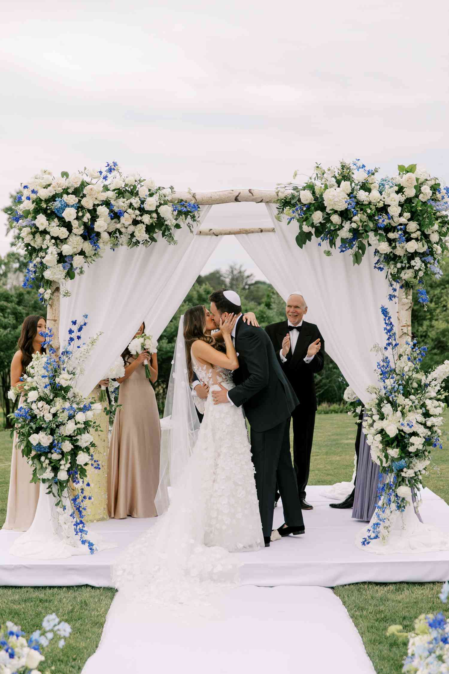 birch and white and blue floral chuppah in westhampton