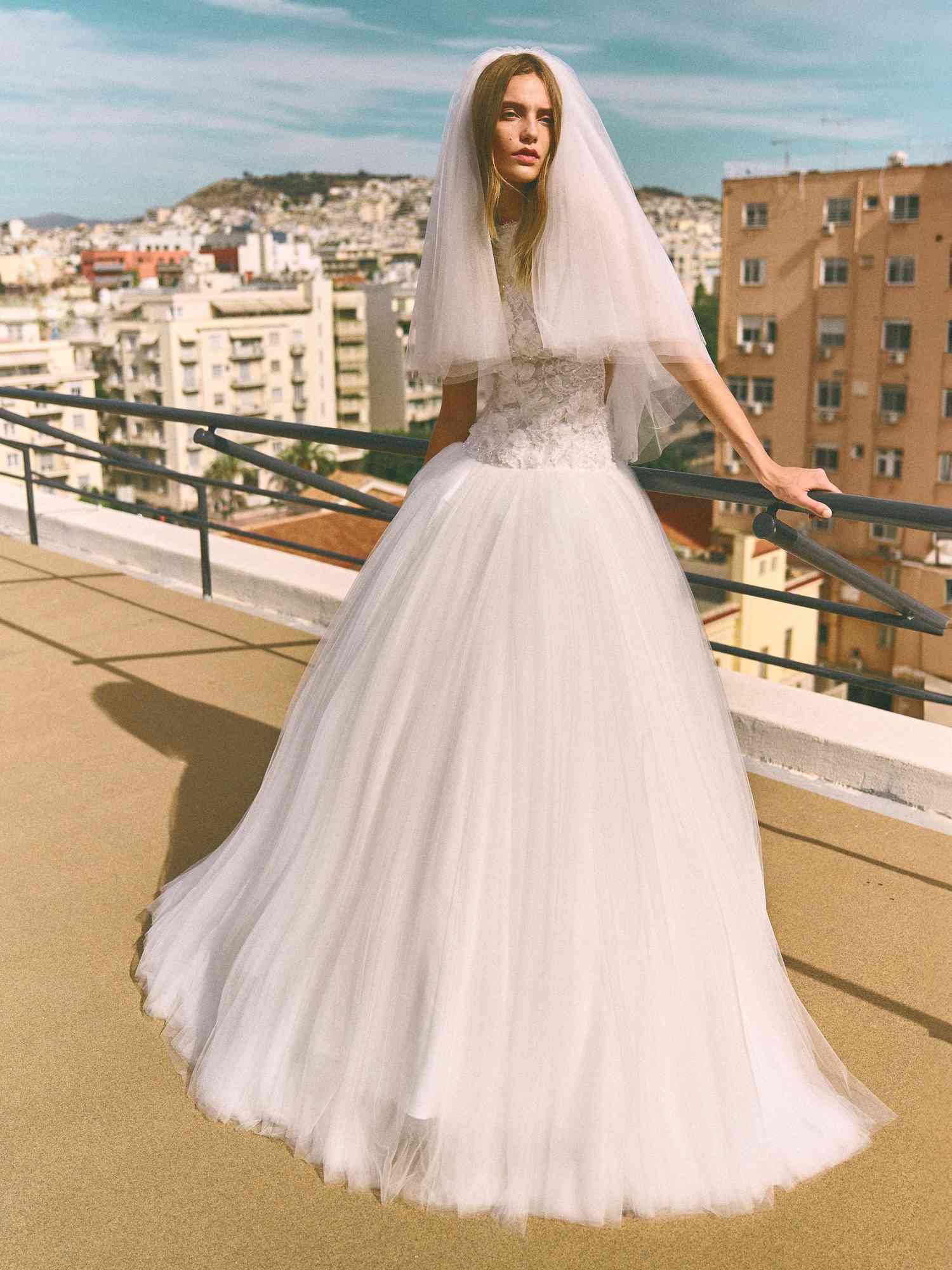 Long Tulle Skirt Wedding Dress With Lace Top and Fluffy Tulle Veil