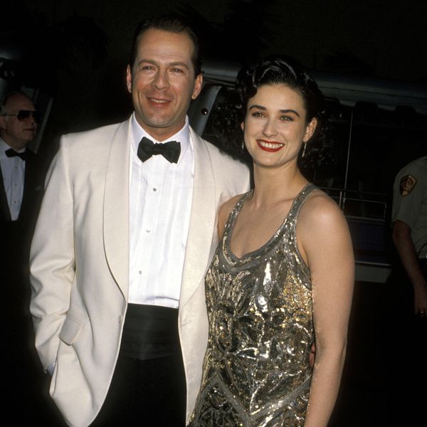 Bruce Willis in White Tuxedo and Demi Moore in Beaded Gown on Red Carpet