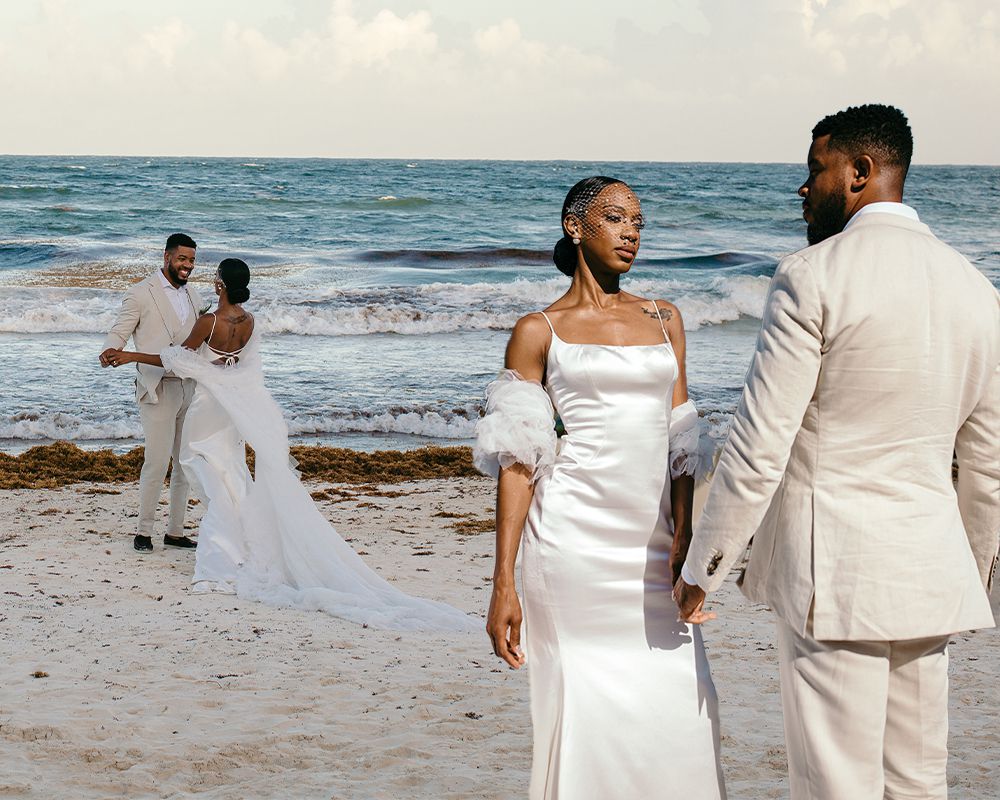collage of a bride and groom standing on the sandy shores of a beach