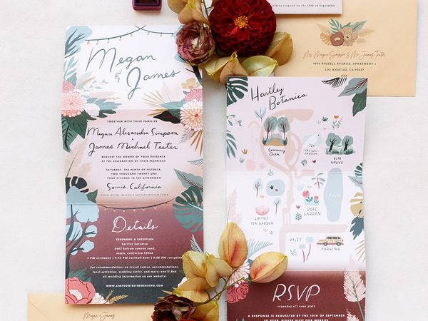 Colorful fall wedding invitation suite with save-the-date, invitation, and fresh flowers.