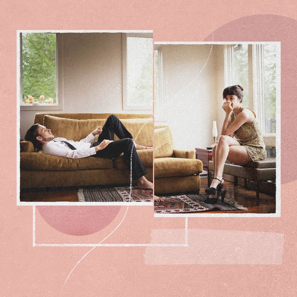 Collage of photo of couple sitting on opposite pieces of furniture looking unhappy