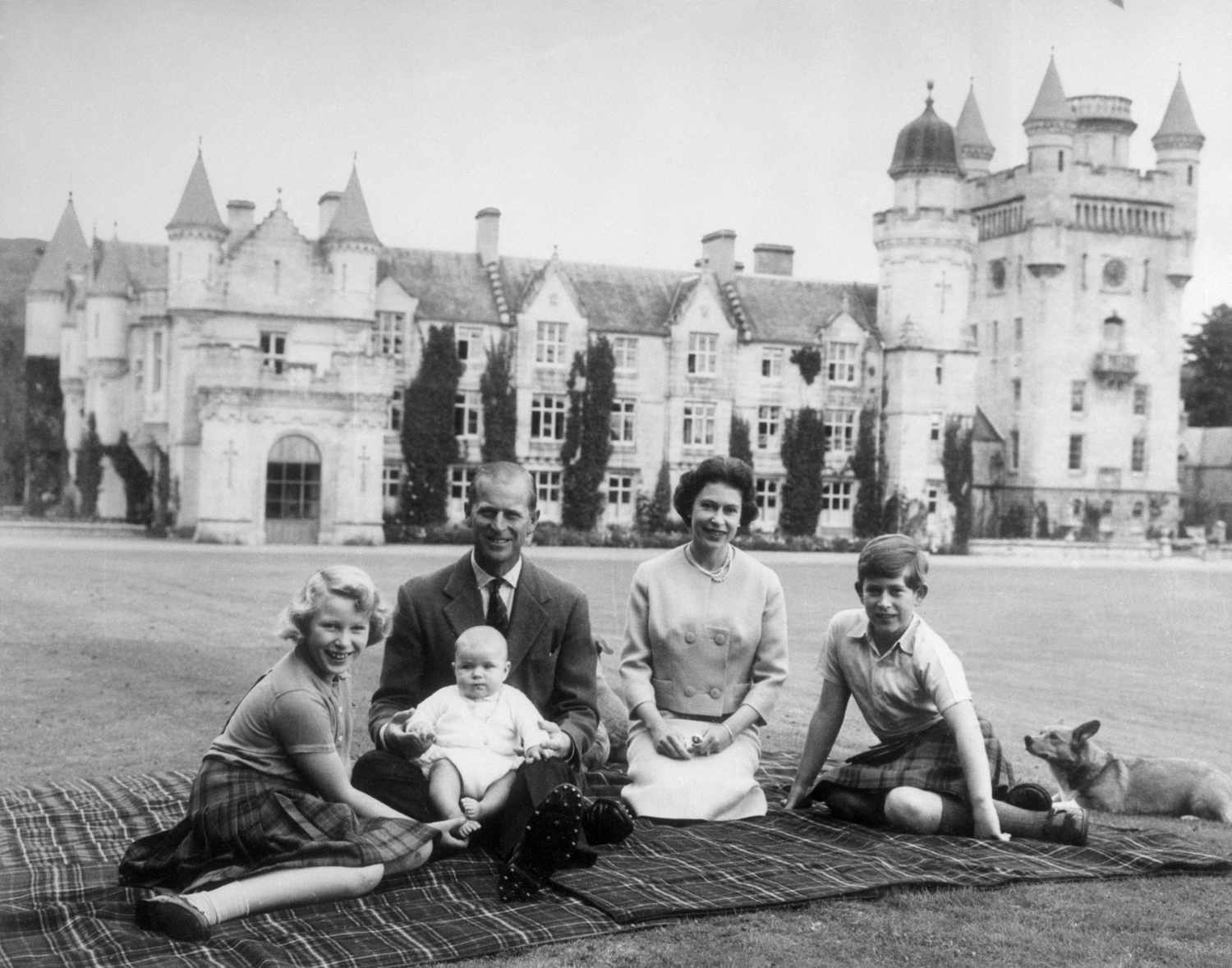 Queen Elizabeth II and Prince Philip at Balmoral Castle With Prince Andrew, Princess Anne, and Prince Charles