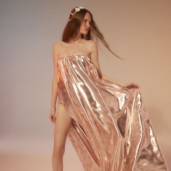 Strapless Pink Metallic Wedding Gown With Subtle Flower Pattern and Matching Flower Headpiece
