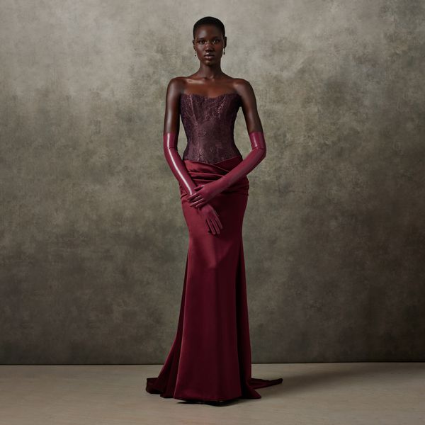 Maroon Column Wedding Dress With Strapless Lace Corset Top and Maroon Arm Length Gloves