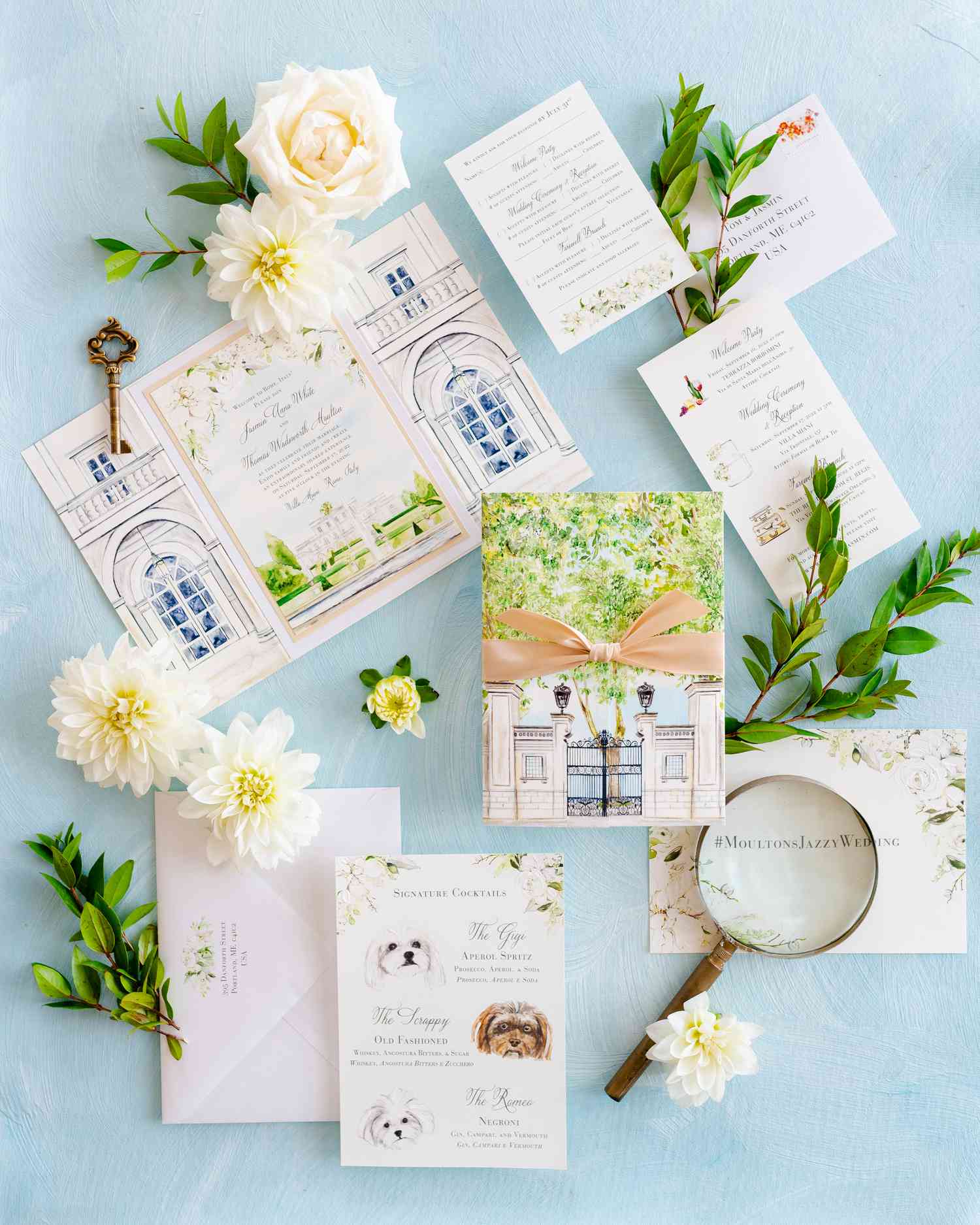 custom watercolor invitation suite with painting of venue and hashtag