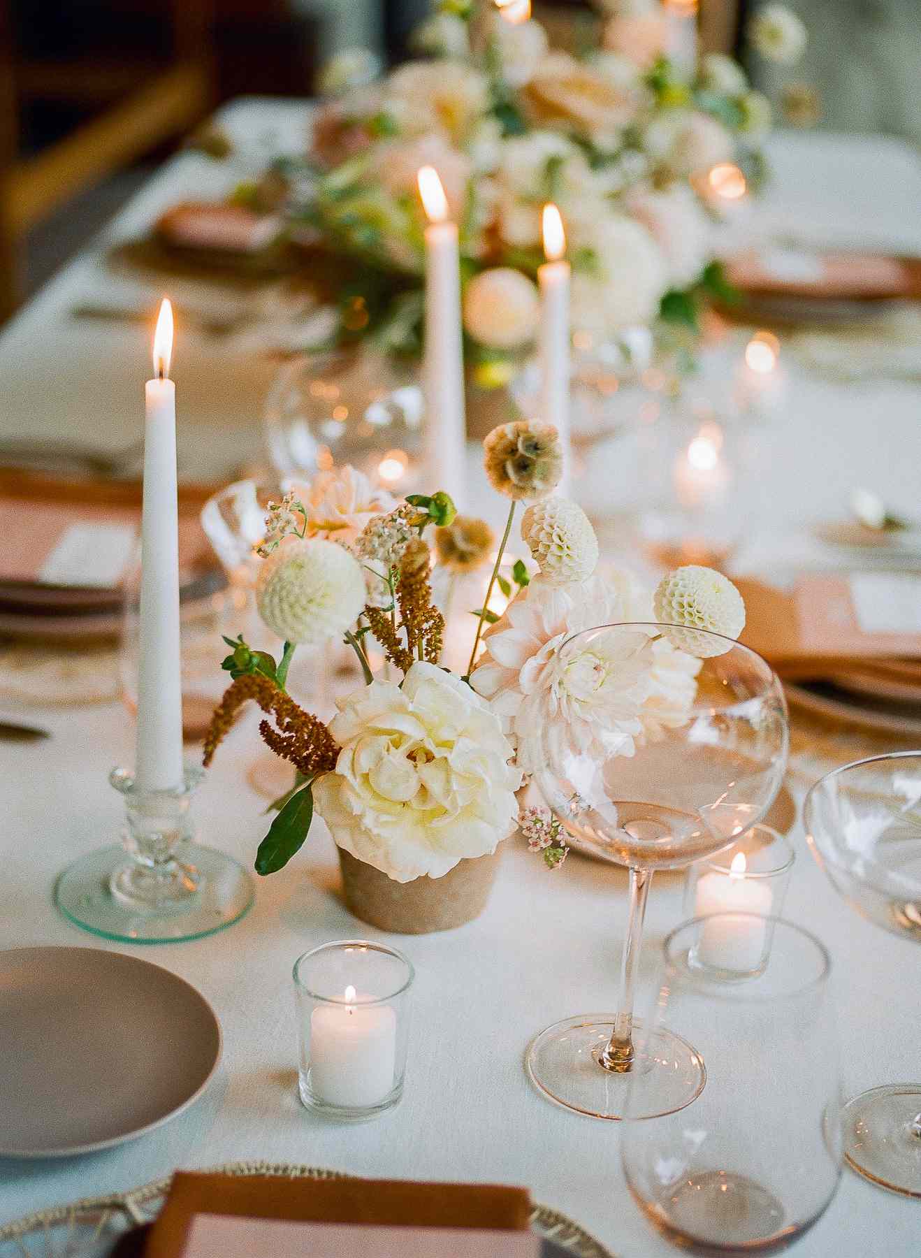 Petite Wedding Centerpieces With Roses, Dahlias, and Amaranthus