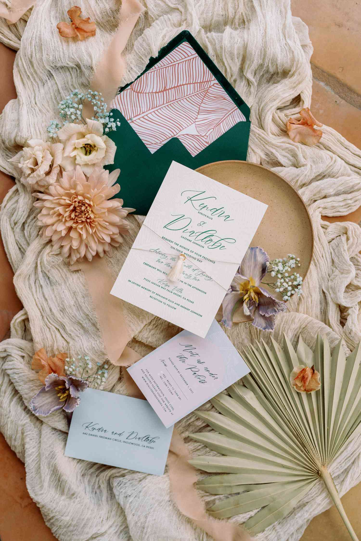 A desert-inspired invitation suite with leaf lining