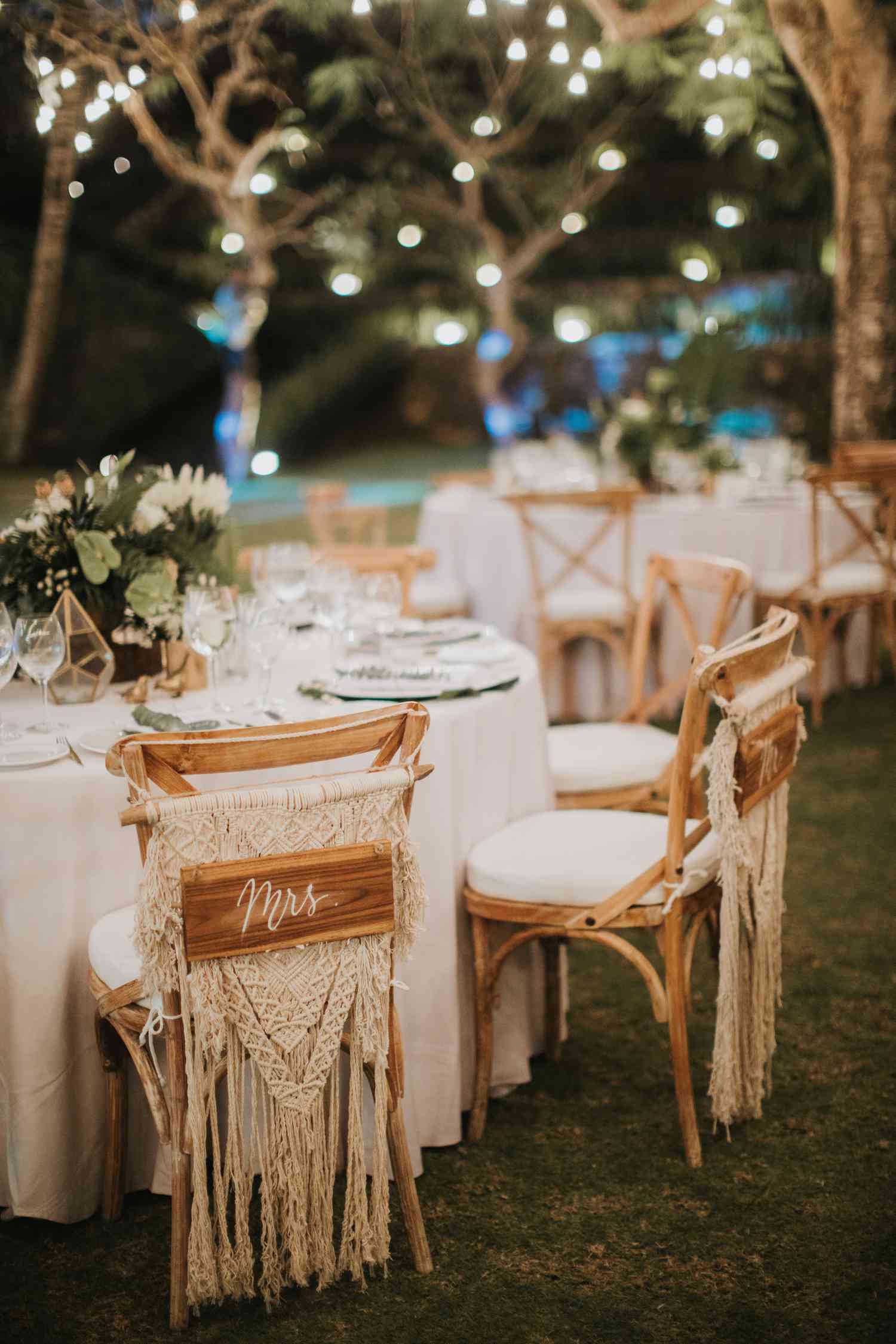 Macrame on back of wedding chairs