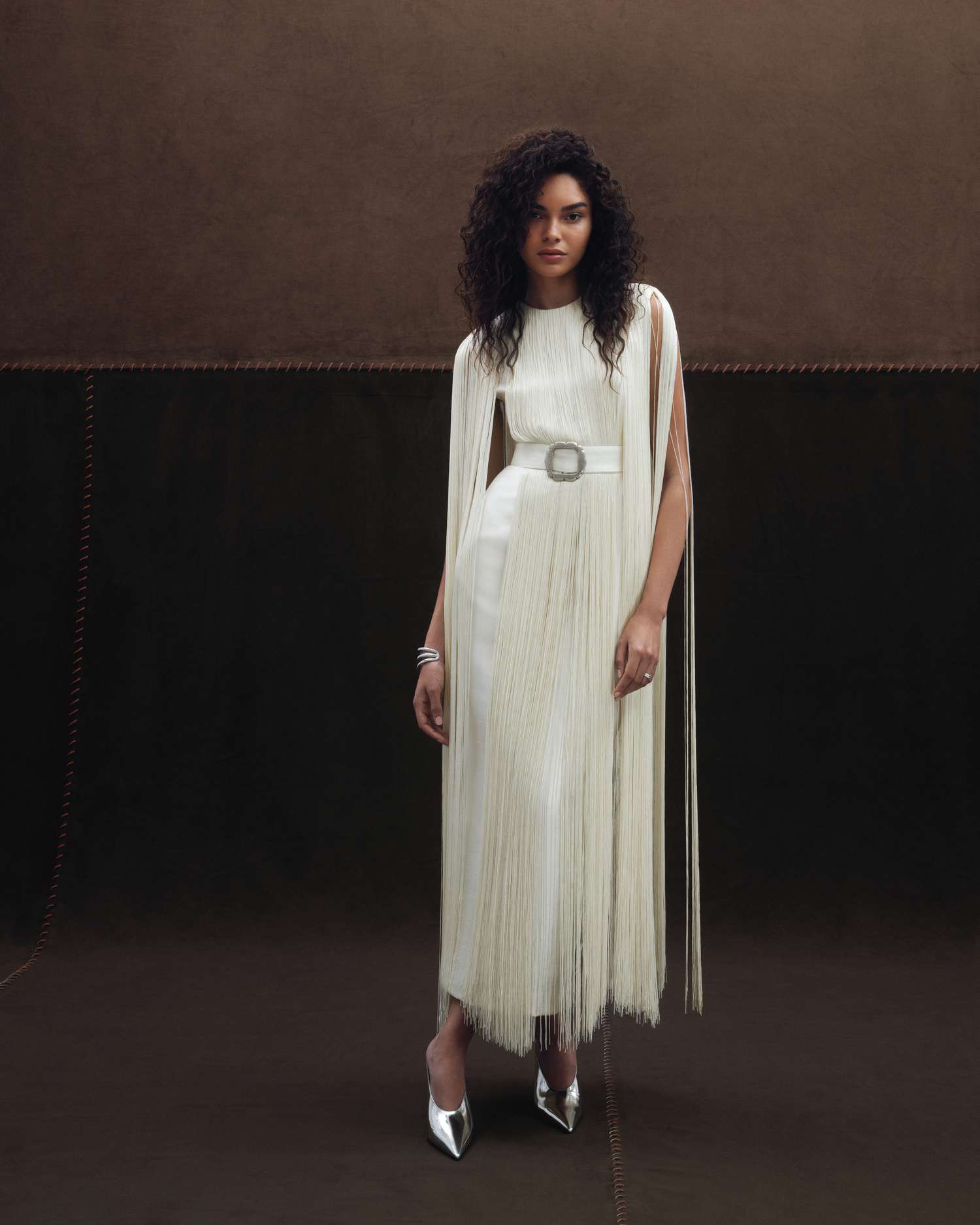 Midi White Column Wedding Dress With Long Fringe and Waist Belt