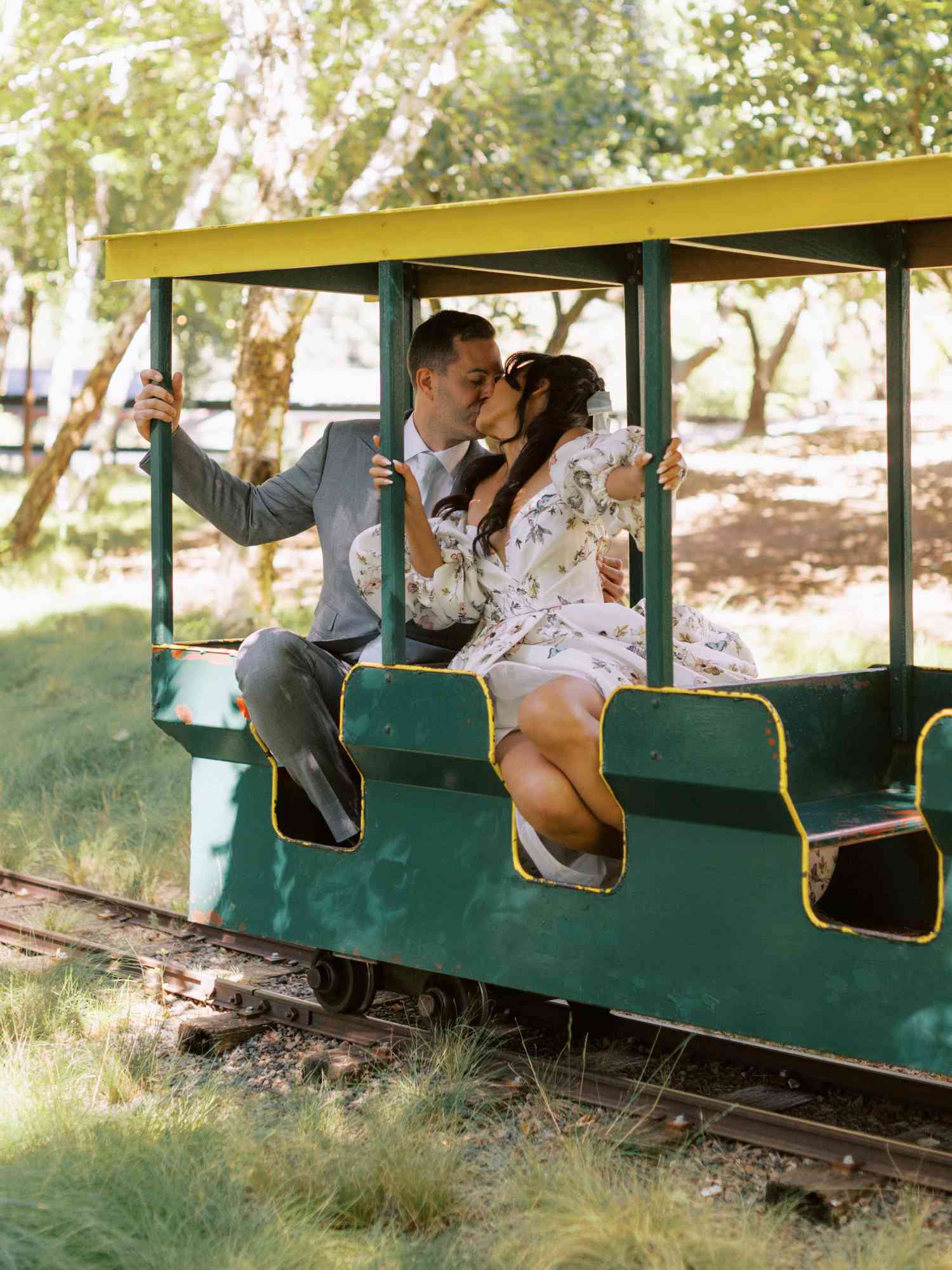 Couple Kisses on Their Trolley Before Making Their Wedding Entrance