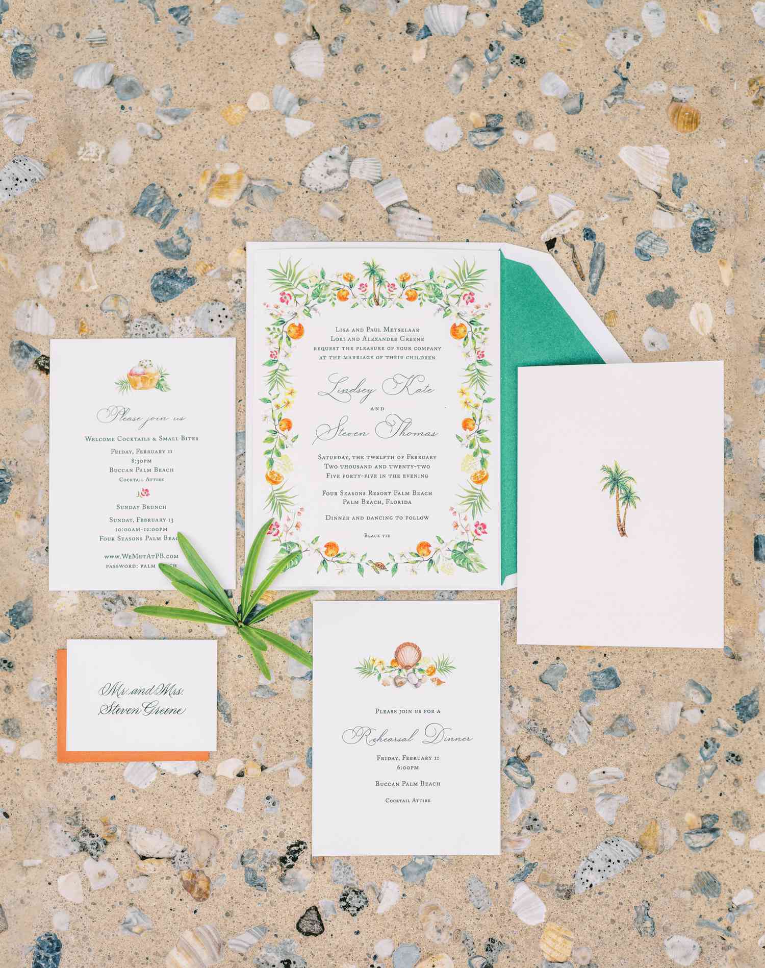Invitation suite in green, orange, and white with illustrated palm trees, oranges, flowers