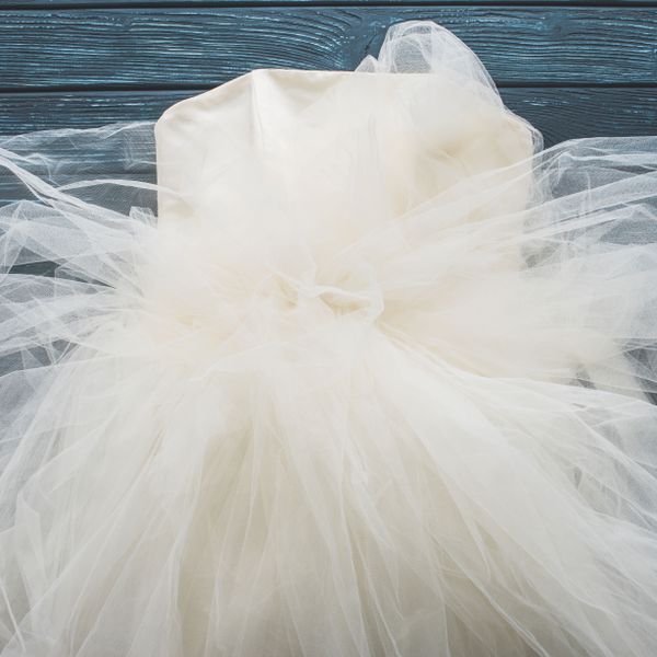 Strapless Tulle Wedding Dress in Heap on the Floor