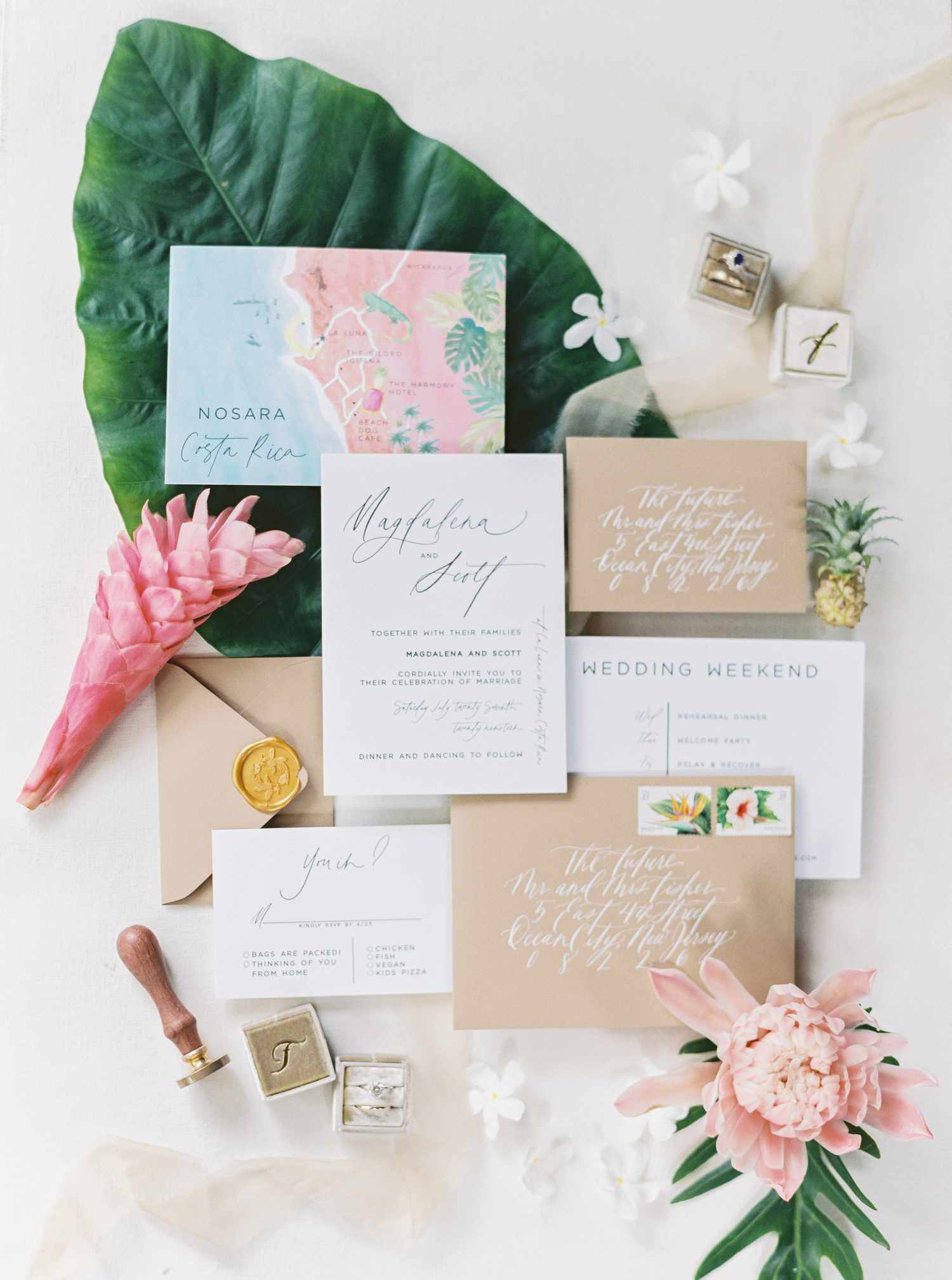 Tropical neutral wedding invitation suite in blues, pinks and whites