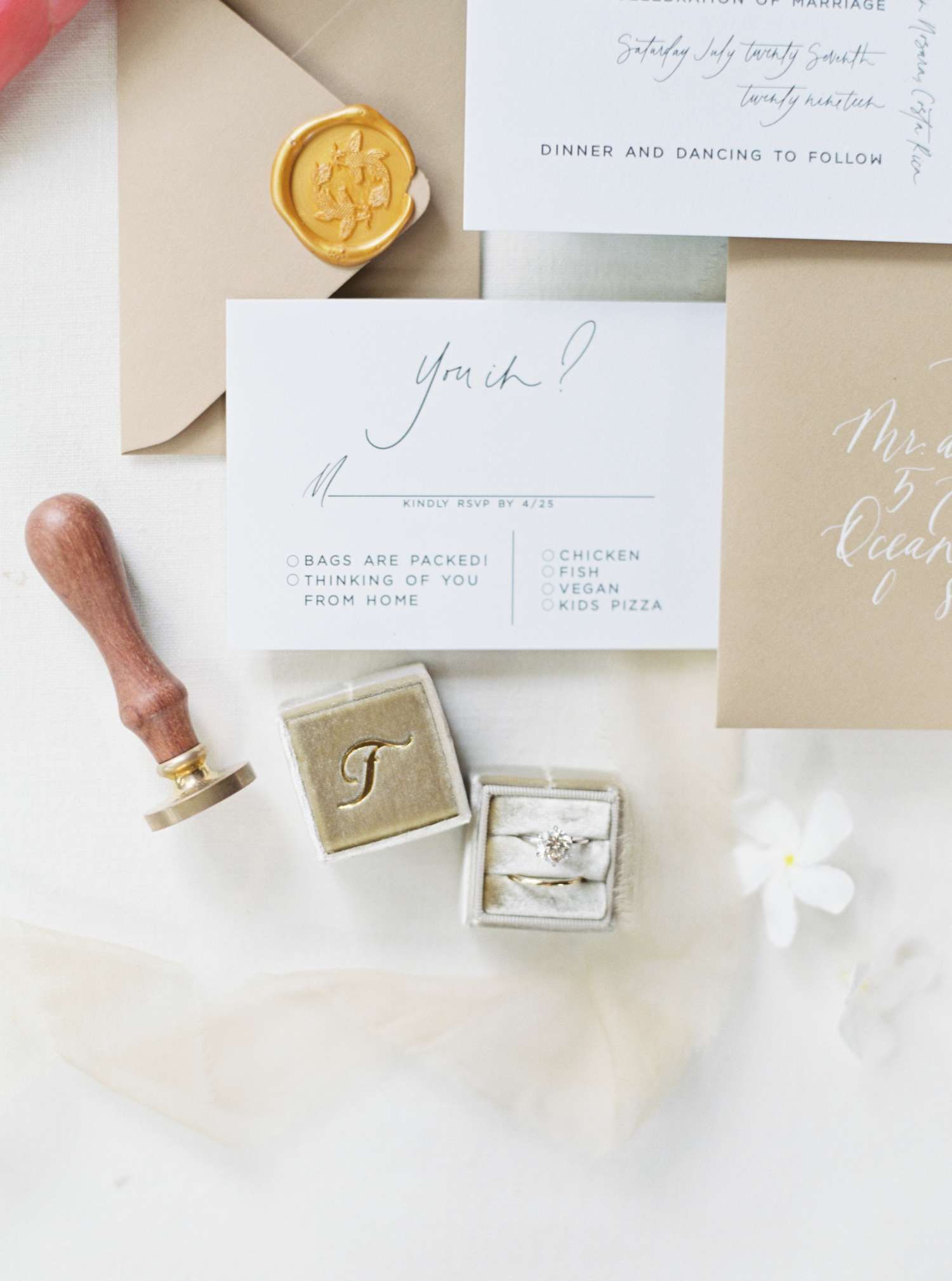 White RSVP Card Shown Alongside Other Wedding Invitation Elements