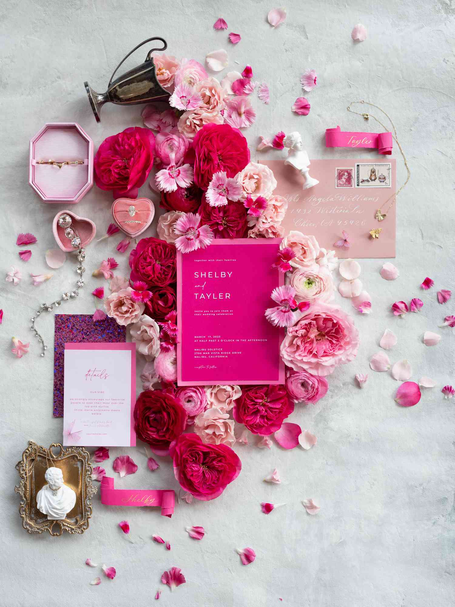 Pink Wedding Invitation Suite Flat Lay with Fresh Flower Petals