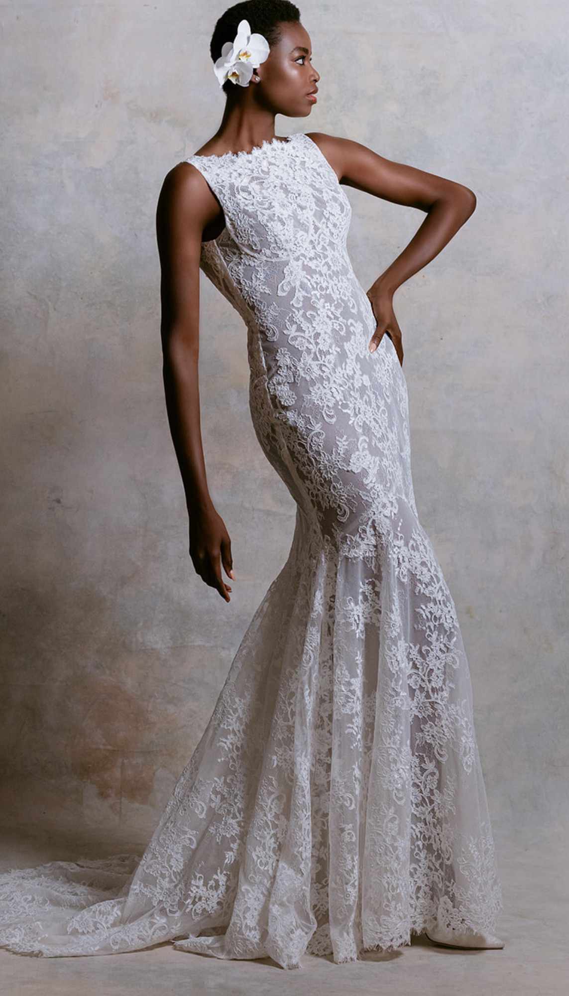 Mermaid Lace Wedding Dress With White Heels and Flower Head Piece