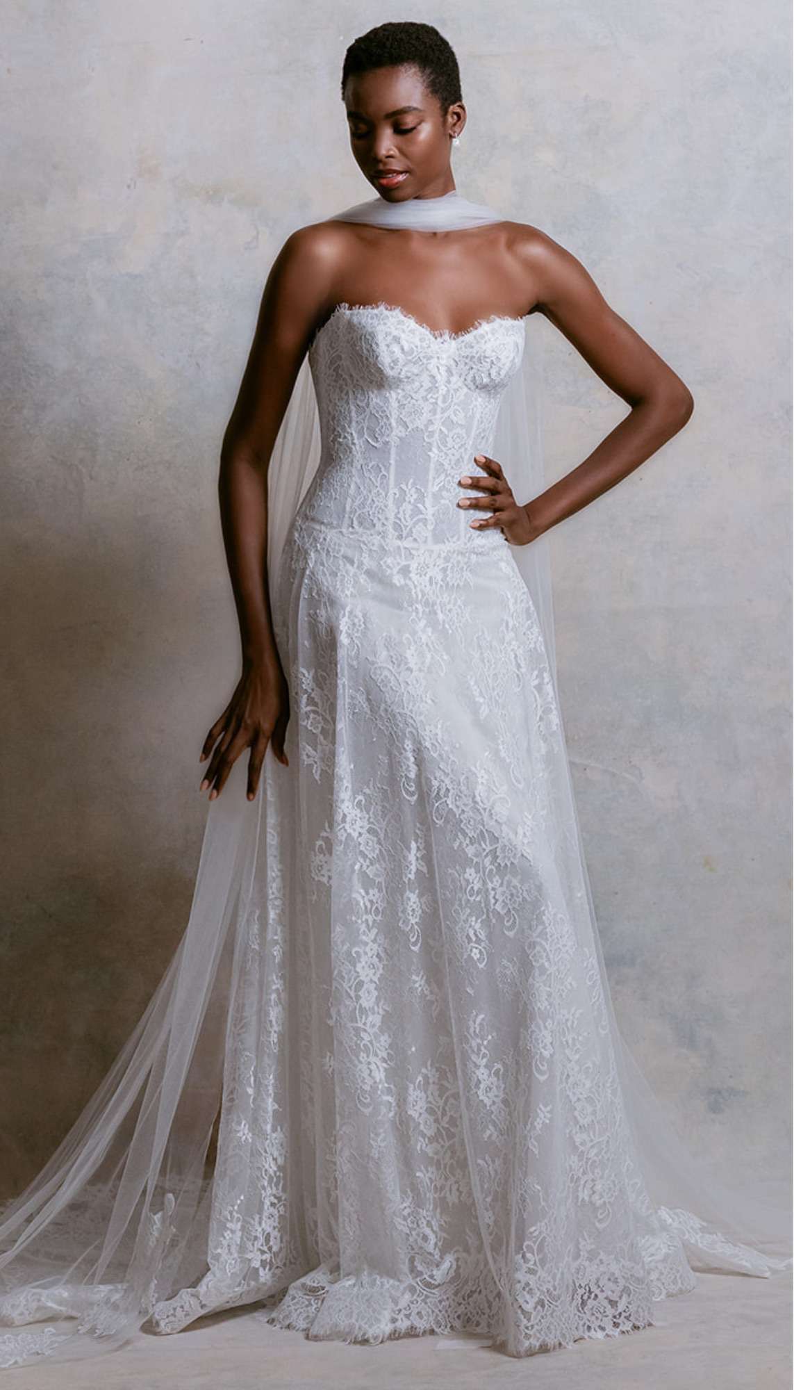 Lace Wedding Dress With Strapless Corset Top and Long Tulle Scarf