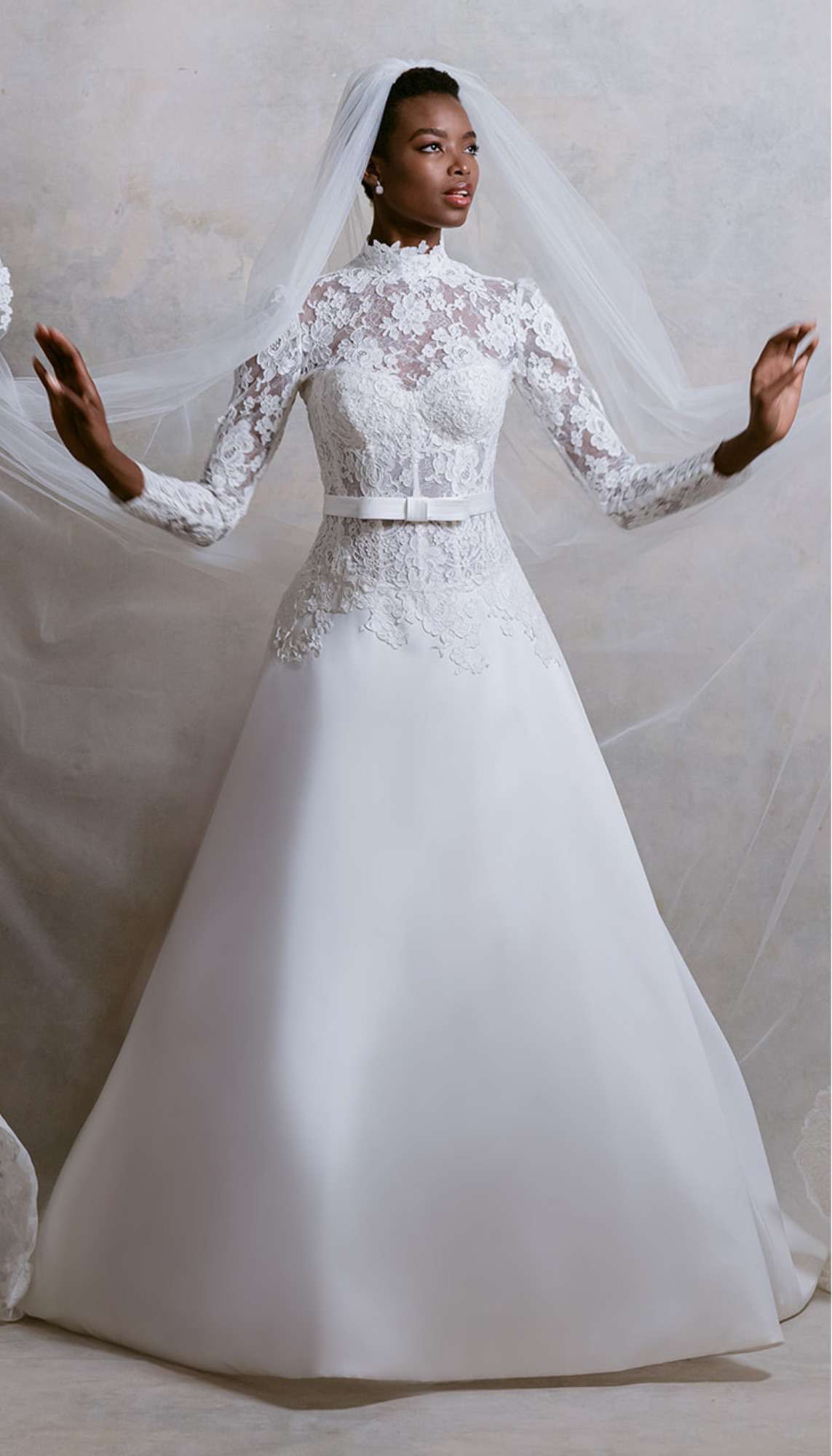 White Wedding Dress With Lace Longe Sleeve Top, White Belt, and Long Veil