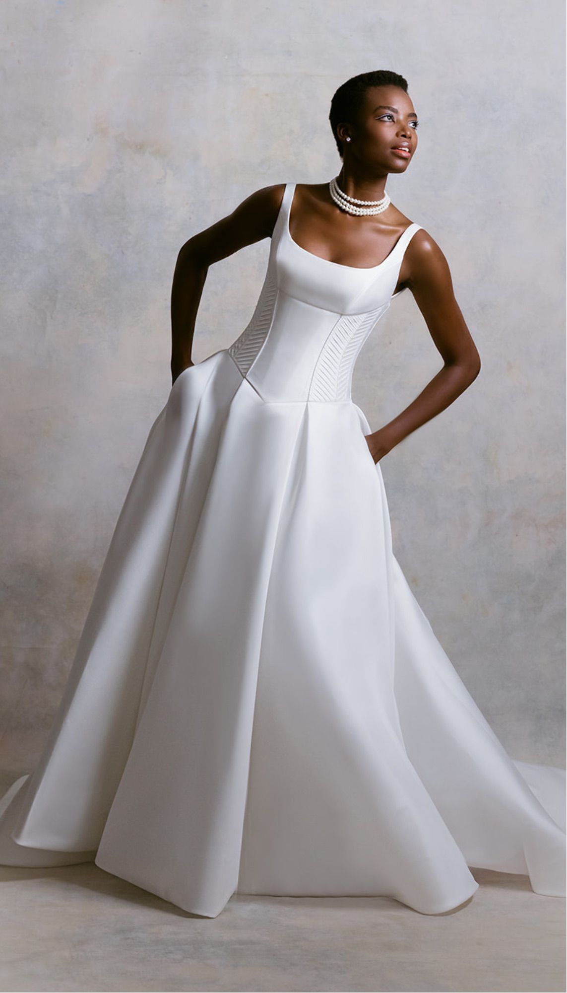 White Wedding Dress With Corset Top and Strap and Pearl Chocker