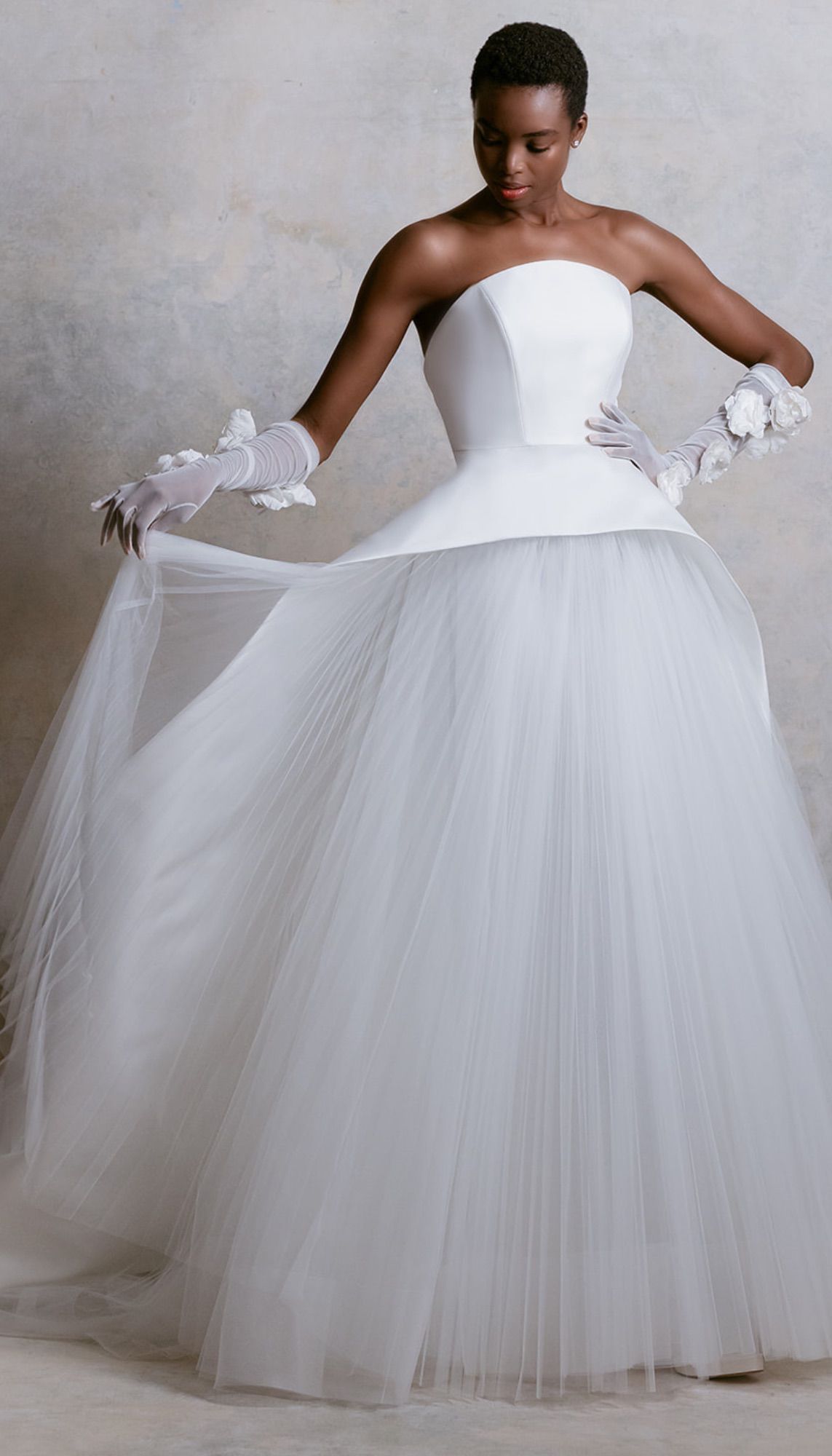 Tulle Ball Gown Wedding Dress With Strapless Corset Top and Gloves with White Flowers