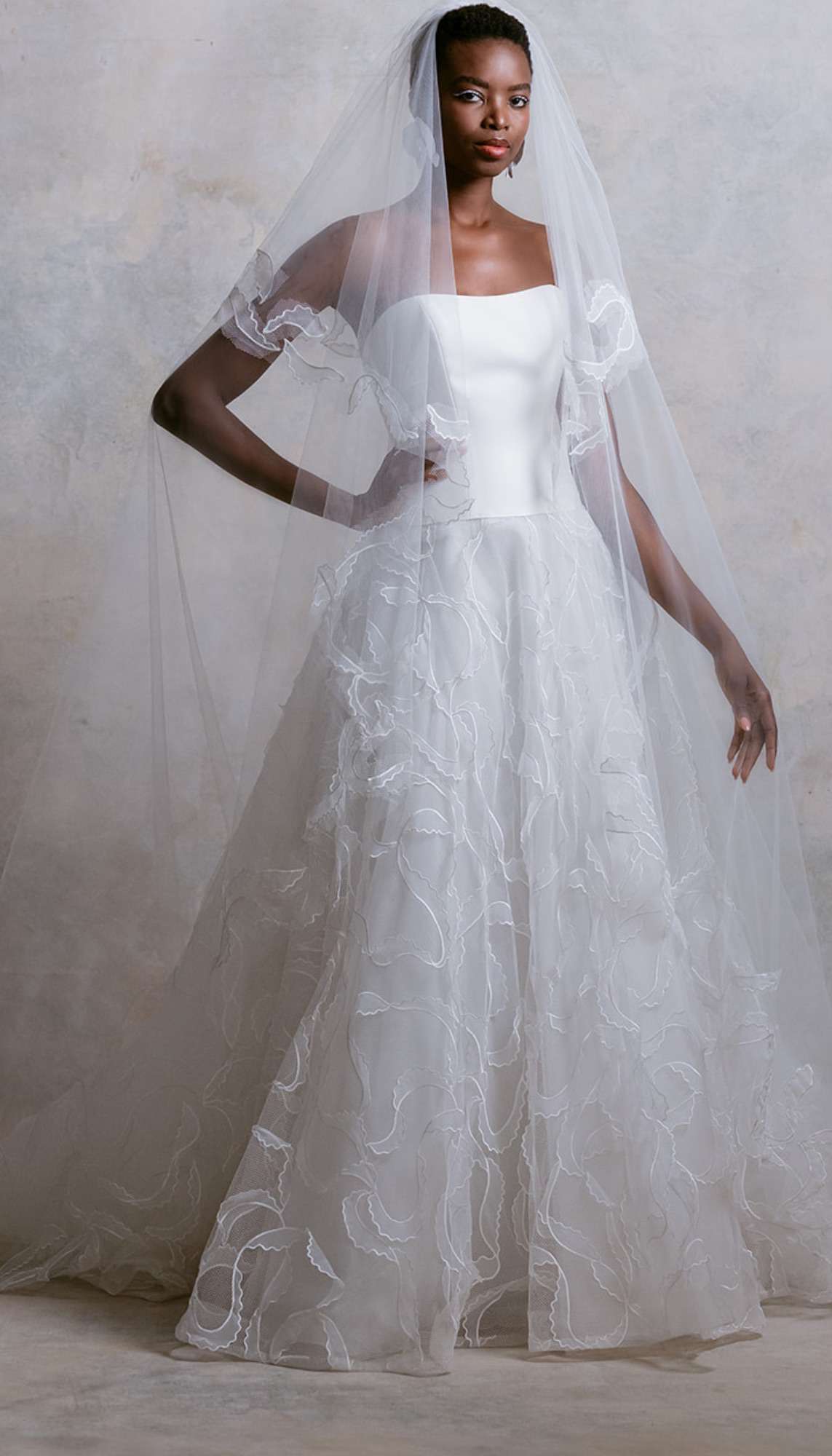 Tulle Ball Gown Wedding Dress With Embroidered Leaves on Skirt and Matching Long Veil