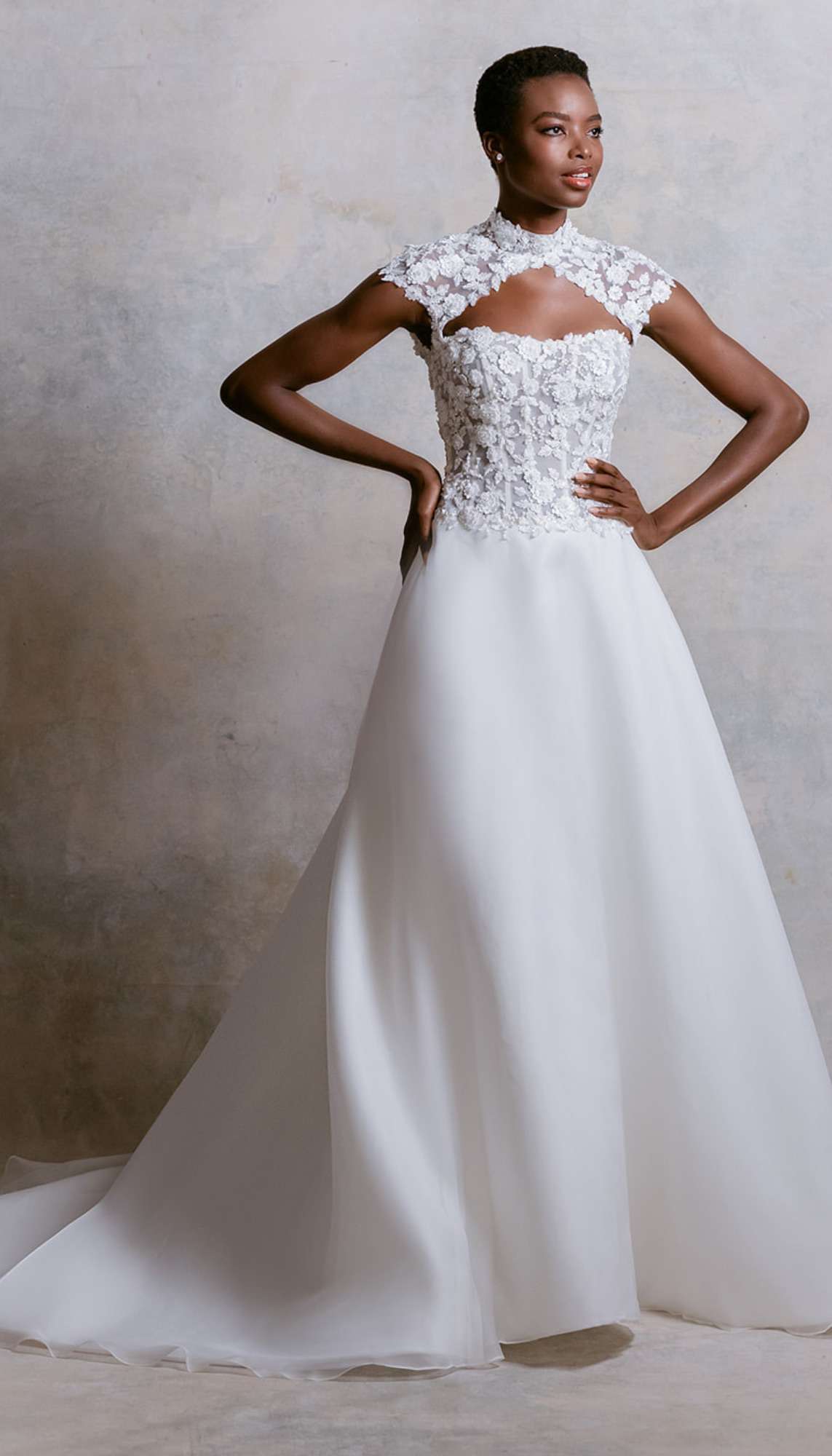 Long White Wedding Dress With Lace Floral Top, Short Sleeves and Triangle Chest