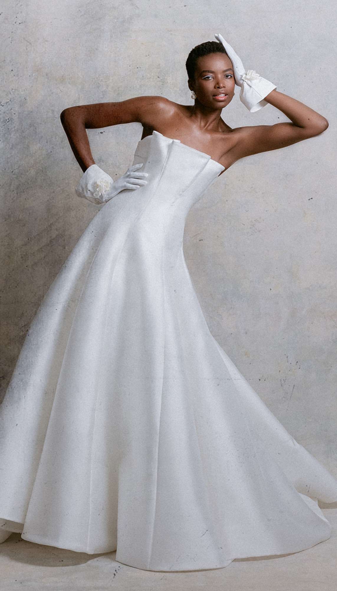 White Strapless Wedding Dress with Ruffled Top and Bottom With Short White Gloves