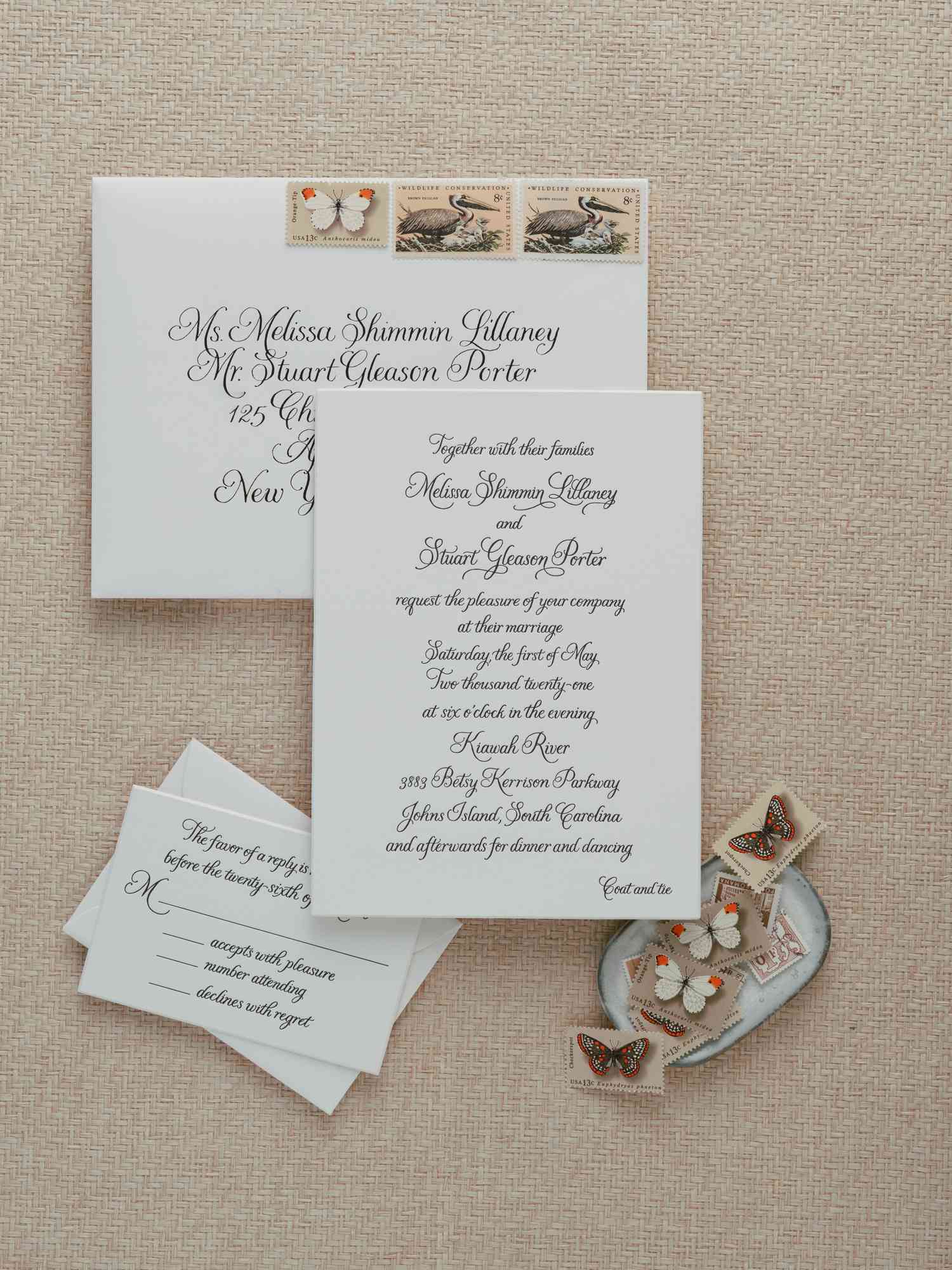 Simple black and white wedding invitation suite with calligraphy