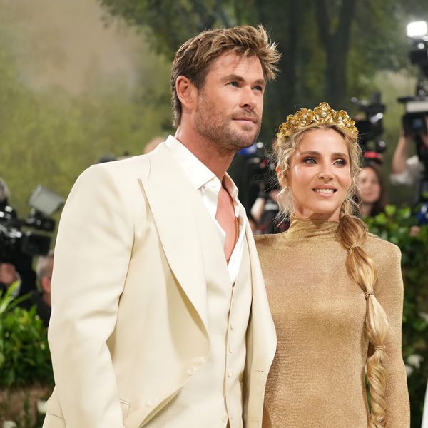 Chis Hemsworth in Cream Tuxedo With Elsa Pataky in Gold Gown and Crown on Met Gala 2024 Red Carpet