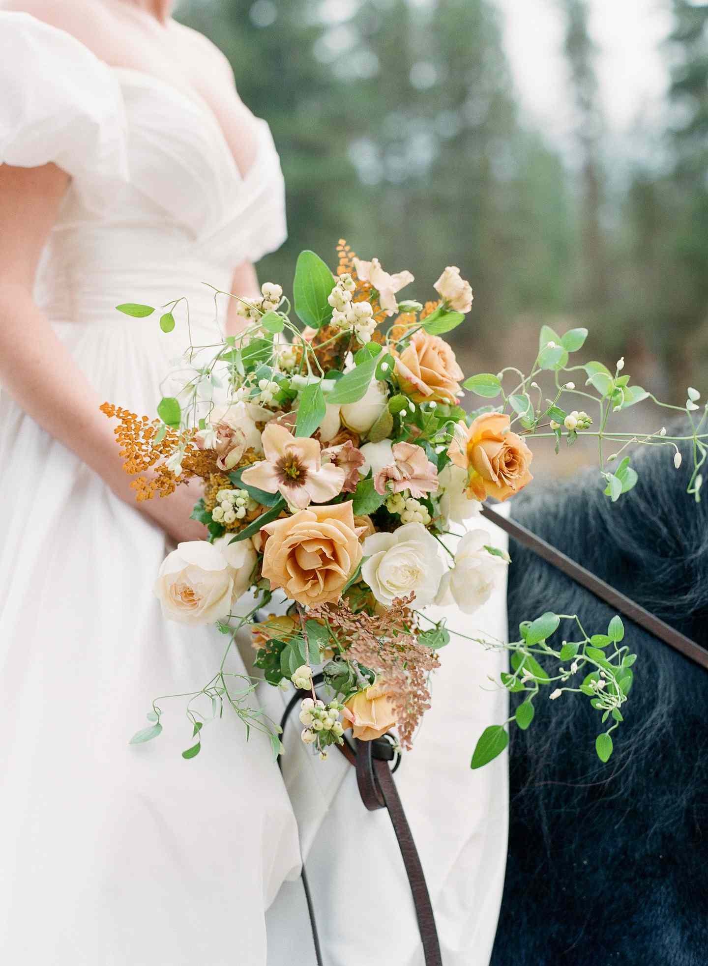 Wedding Bouquet with Honey-Toned Roses, Astilbe, and Greenery
