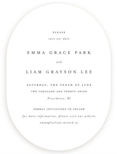 Brides + Minted Oval-Shaped Save-the-Date With Simple Serif Typography Text